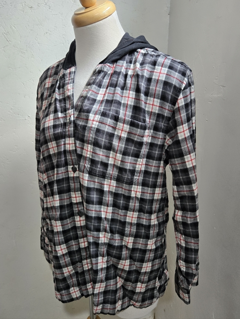 Eddie Bauer Black Hooded Plaid Shirt Jacket with Red Trim - Picture 3 of 9